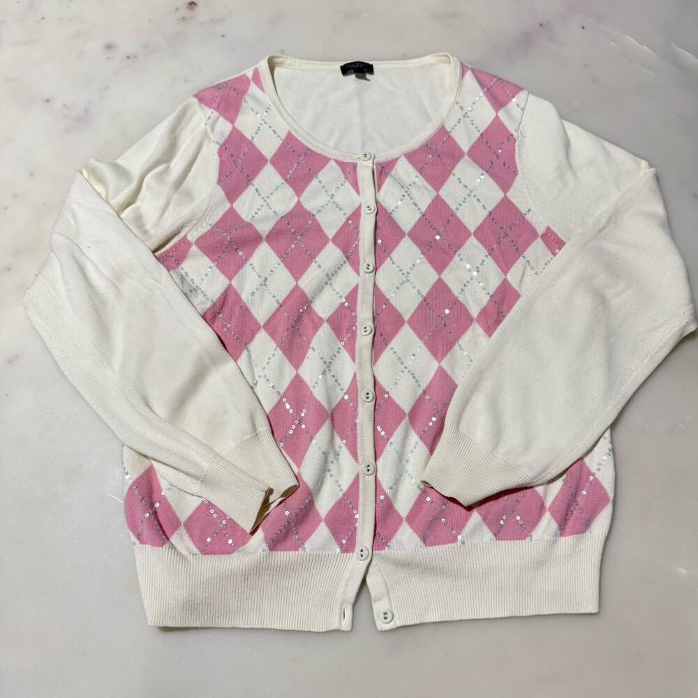 Talbots Women's L Pink Ivory Argyle Sequin Knit Cardigan Sweater Button Up